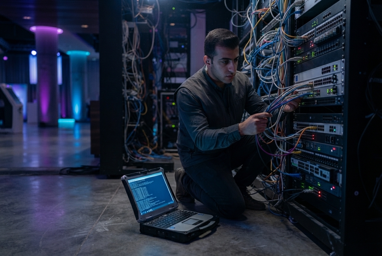 IT support engineer troubleshooting network equipment backstage