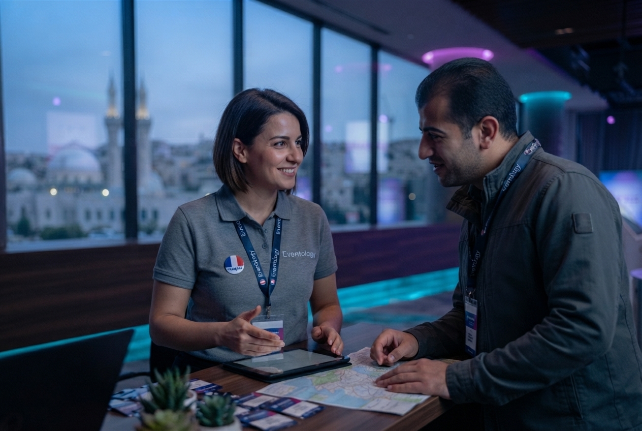 Multi-language staff member assisting a foreign attendee at a support desk