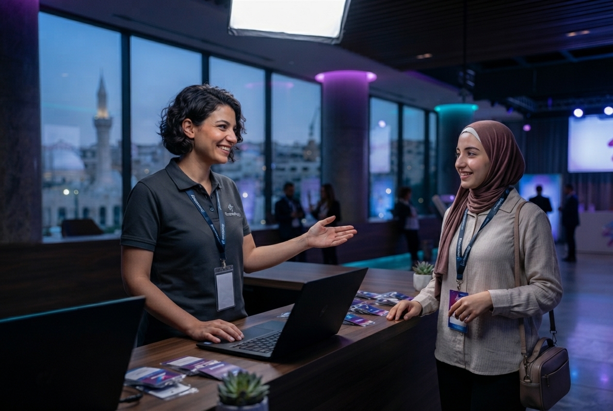 Registration desk operator welcoming an attendee at check-in