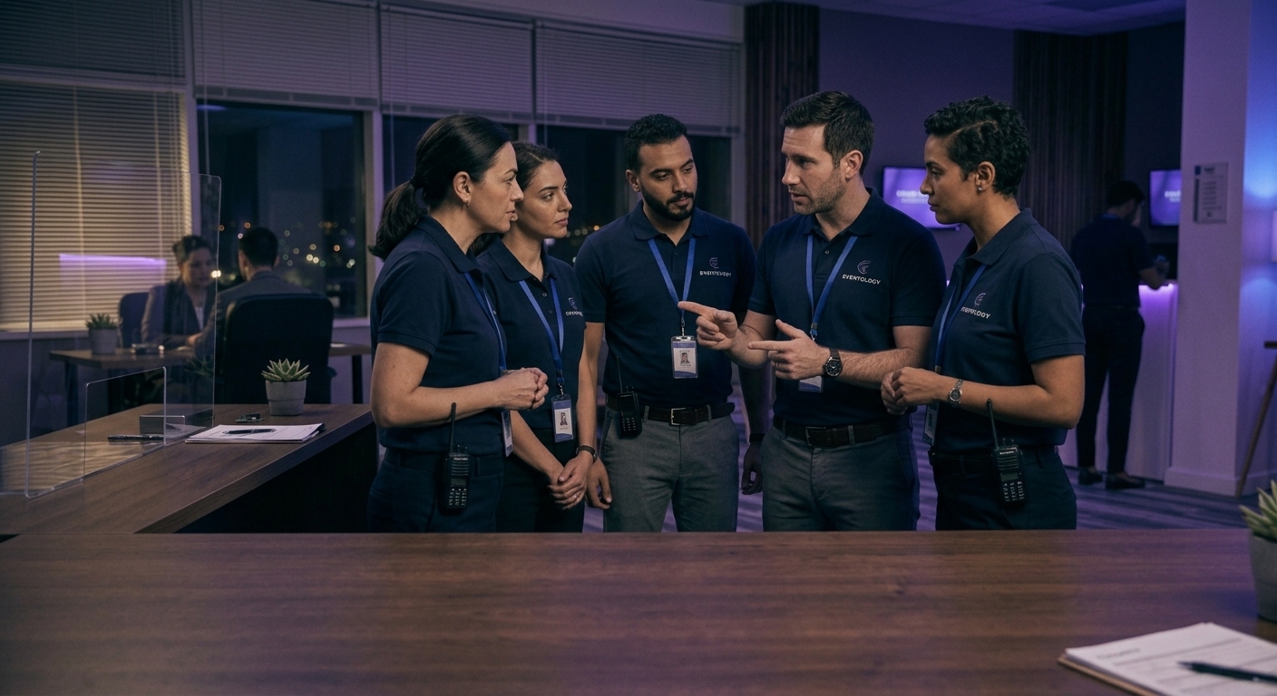 Eventology staff team briefing together before an event