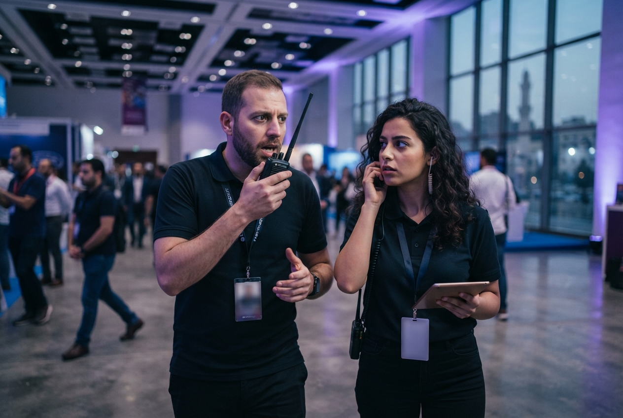Staff member speaking urgently into a radio while a colleague listens
