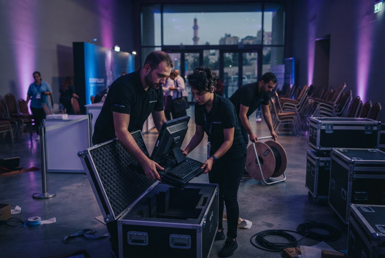 Staff packing registration equipment into flight cases after an event