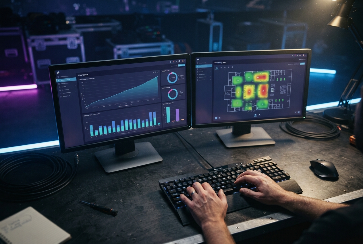 Operator monitoring live attendance and occupancy dashboards on dual monitors