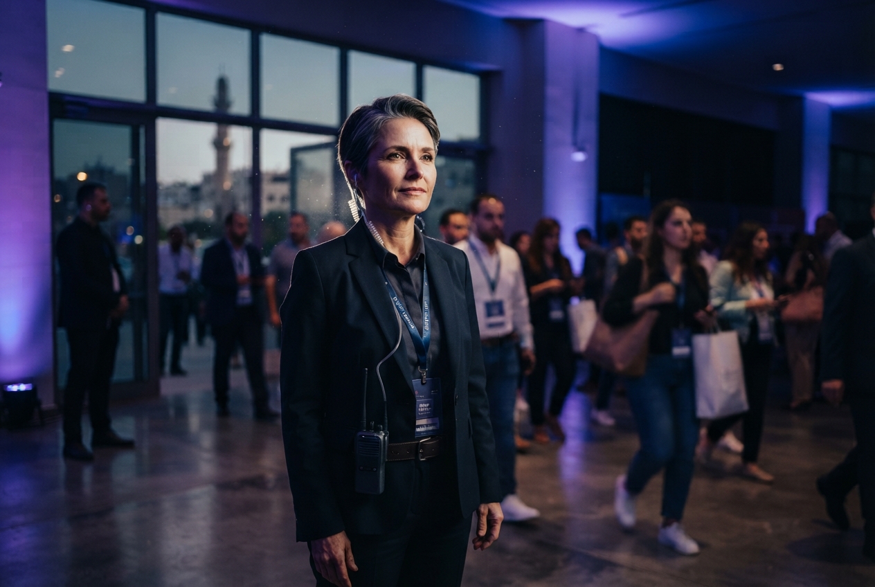 Senior supervisor surveying a venue entrance during a live event
