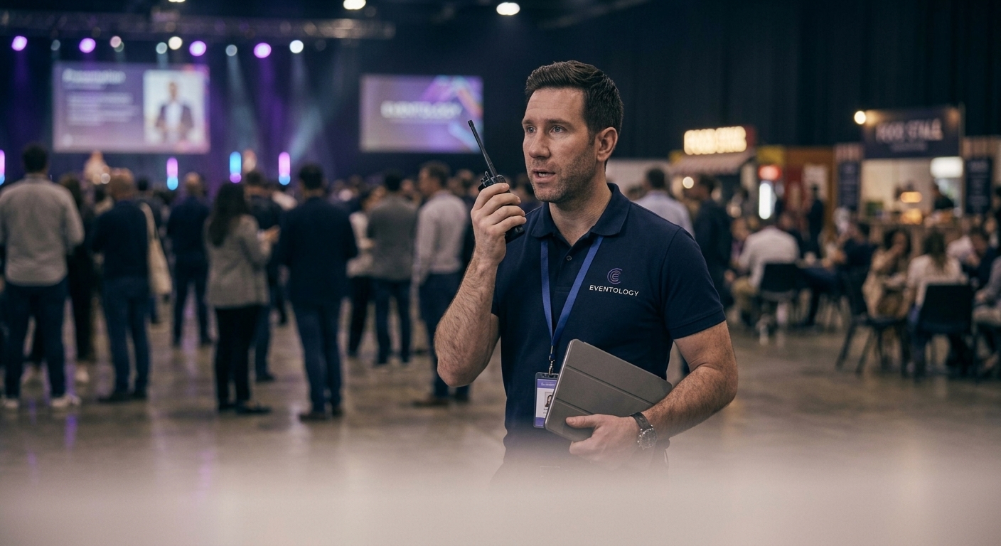 Eventology staff member communicating by radio on the event floor