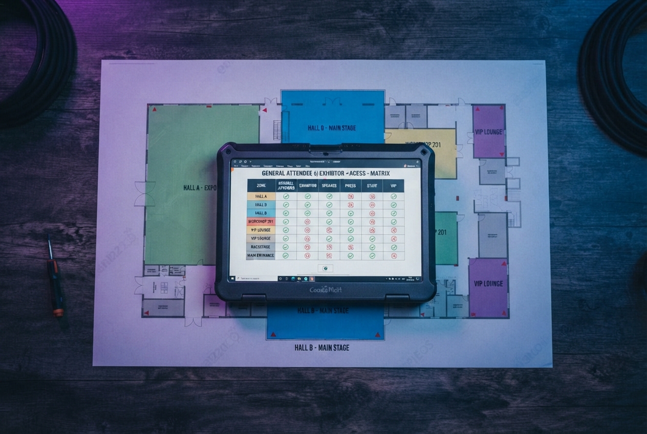 Printed venue floor plan with a tablet showing a zone access matrix