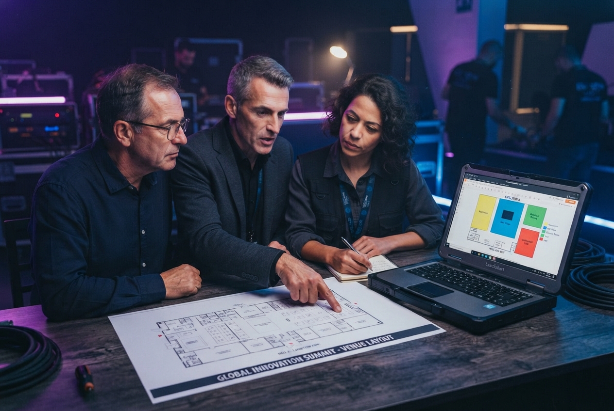 Consultant pointing at a venue floor plan while advising a client