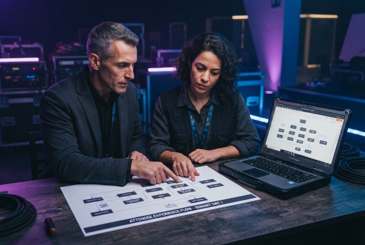 Consultant and client reviewing a printed event flow diagram beside a laptop