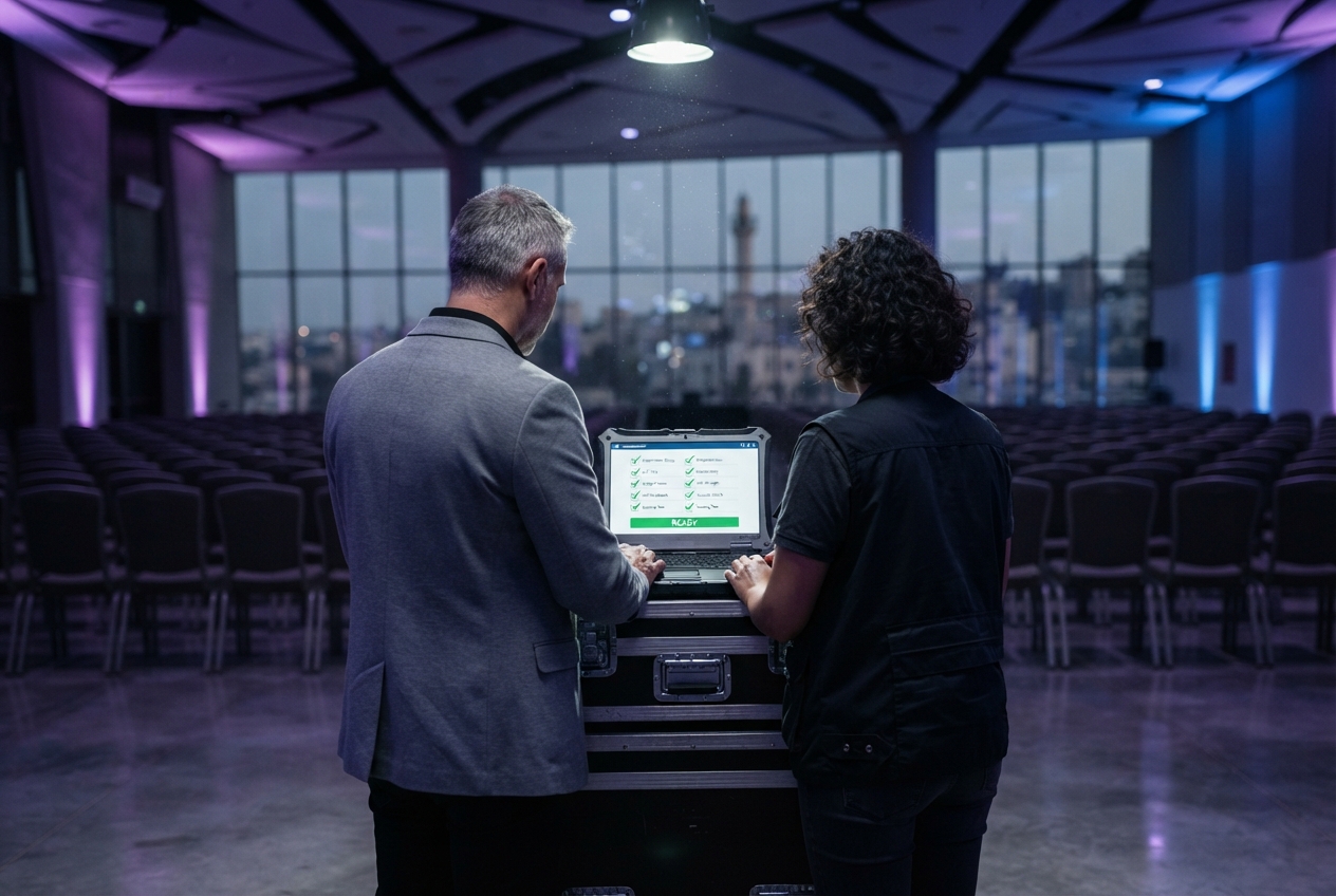 Two people running a pre-event system validation test on a laptop in an empty venue