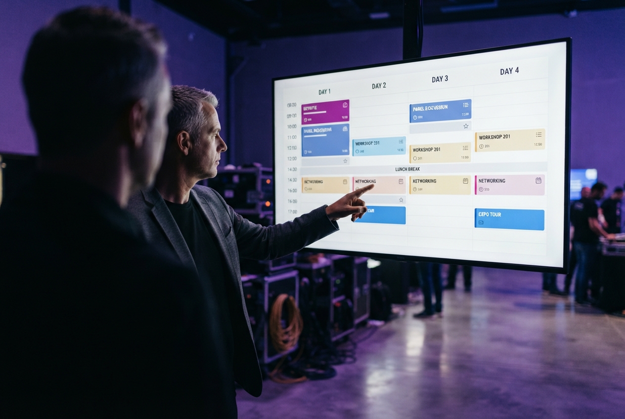 Consultant viewing a multi-day agenda builder on a large screen