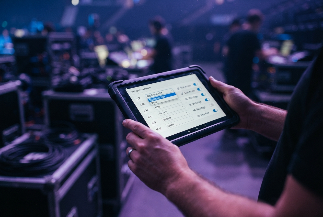Hands holding a tablet showing a staff role and permissions assignment screen