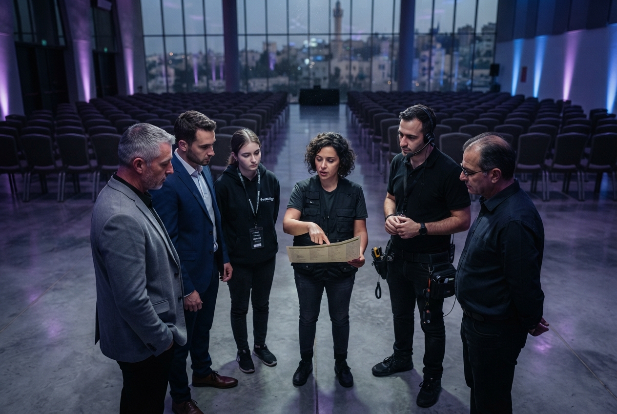 Client and operations team gathered for a technical briefing in an empty venue
