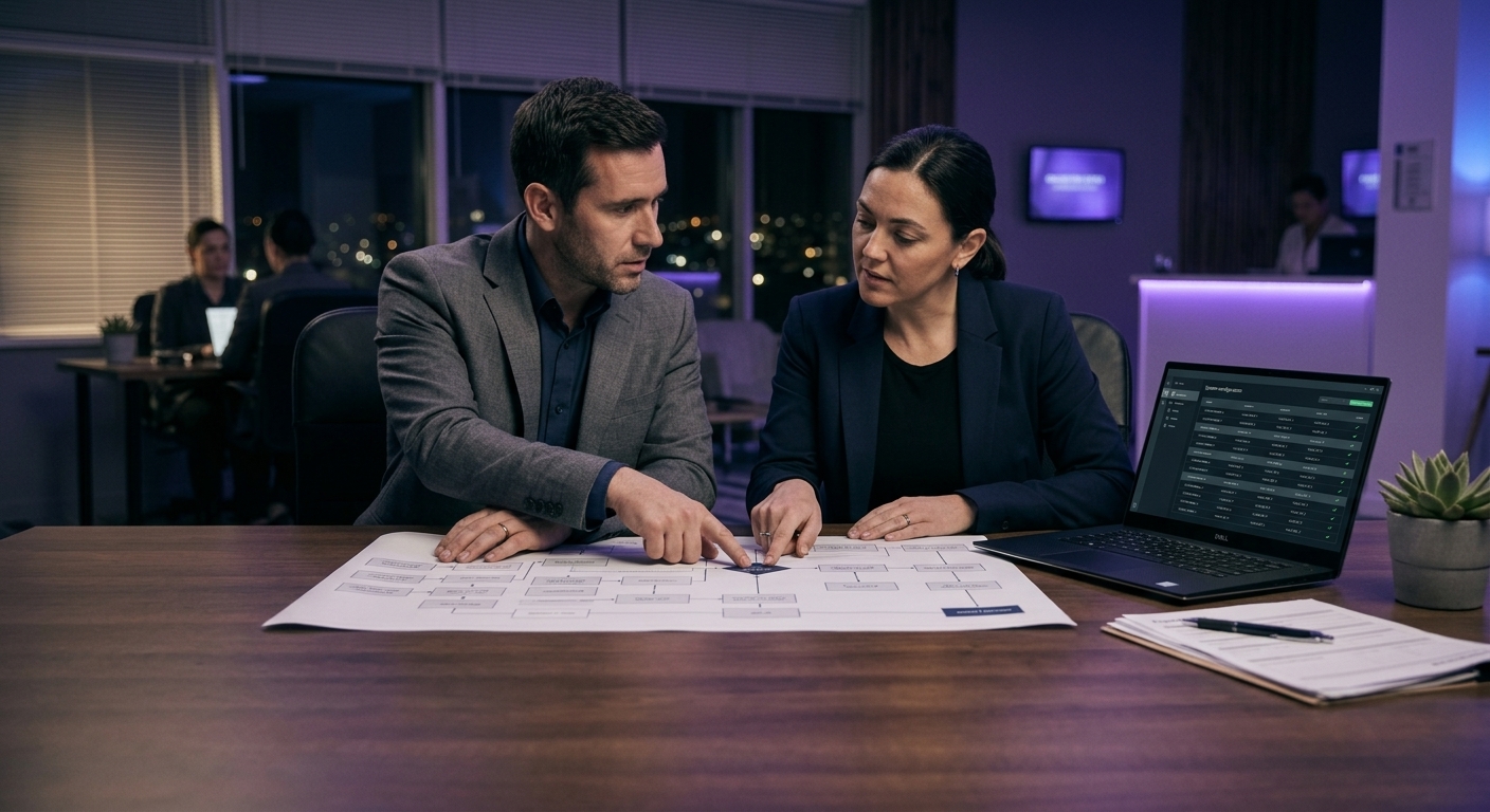 Consultant and client reviewing an event flow diagram before an event