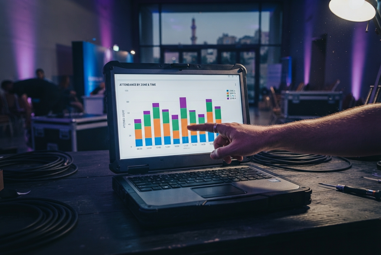 Hand pointing at an attendance-by-zone bar chart on a laptop screen