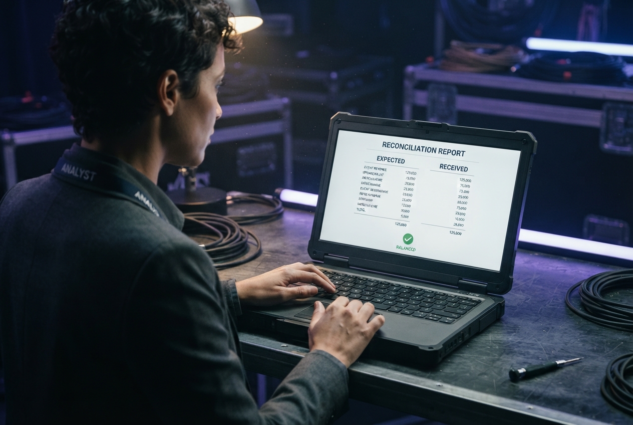 Analyst reviewing a financial reconciliation report on a laptop