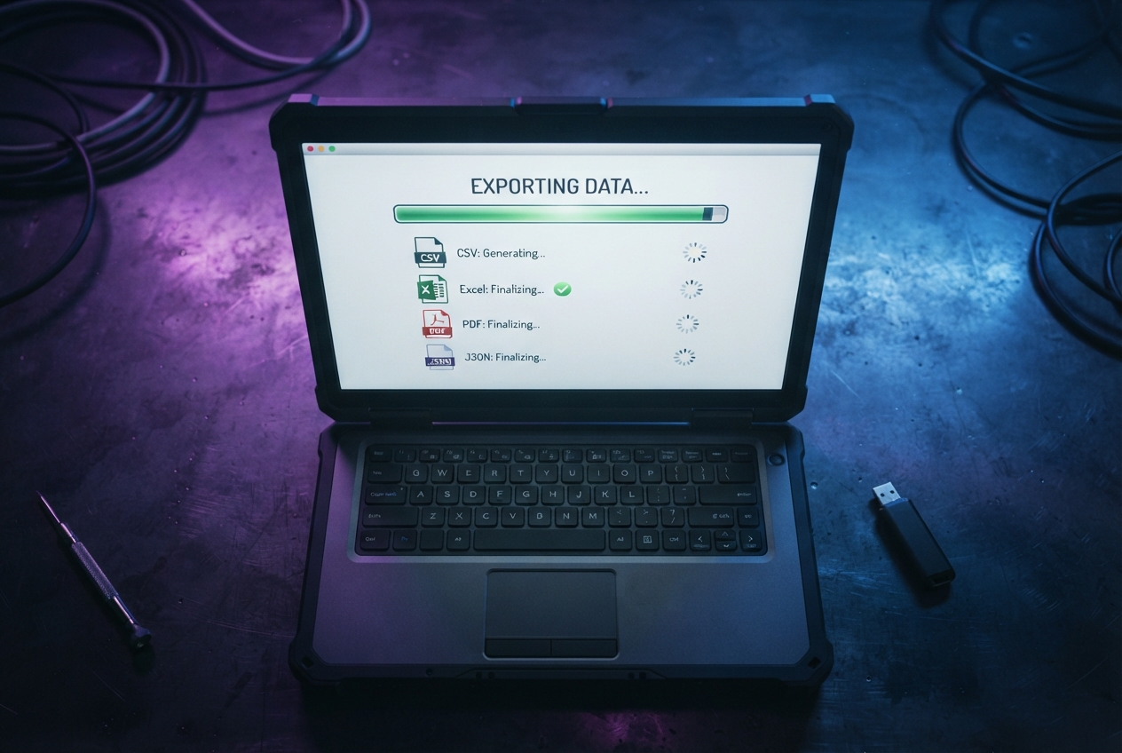 Laptop screen showing an attendee data export in progress across multiple file formats