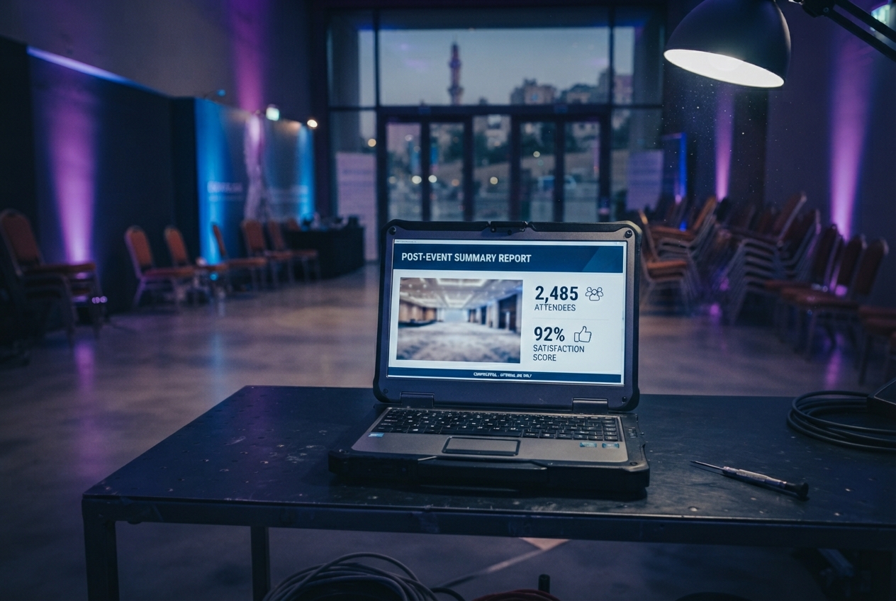 Laptop showing a post-event summary report with attendee count and satisfaction score