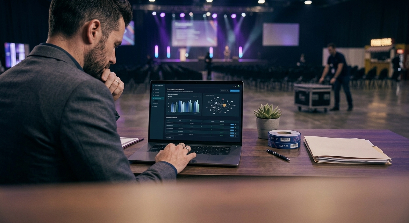 Analyst reviewing a post-event report on a laptop after an event