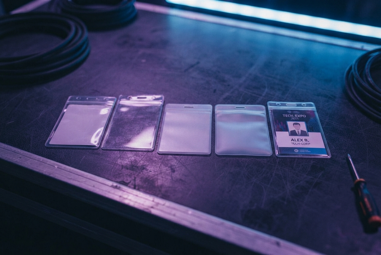 Assortment of badge holders laid out on a table