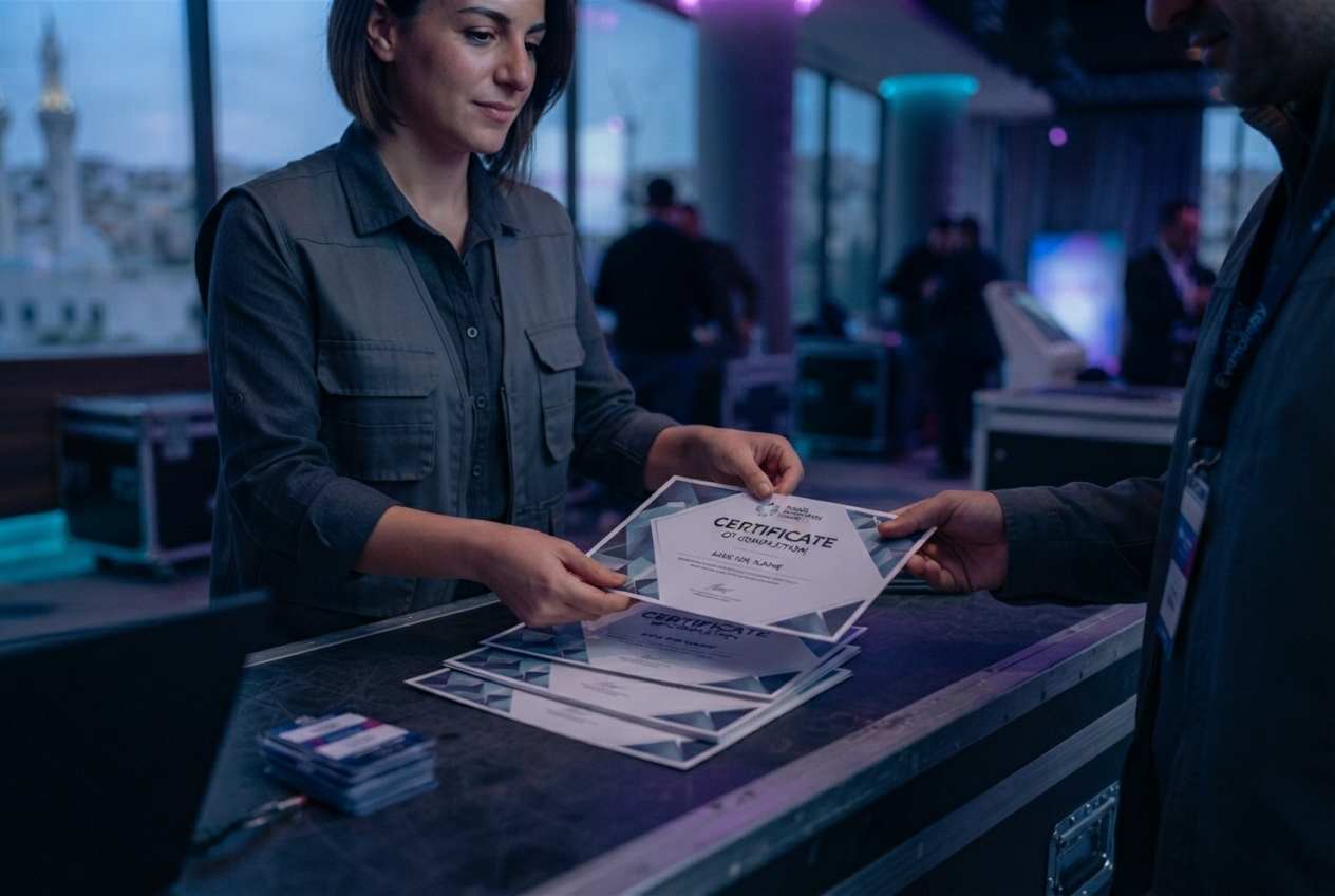 Staff member handing a printed certificate of attendance to an attendee