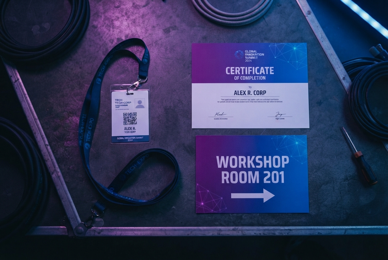 Event badge, lanyard, certificate, and signage sharing one coordinated visual identity
