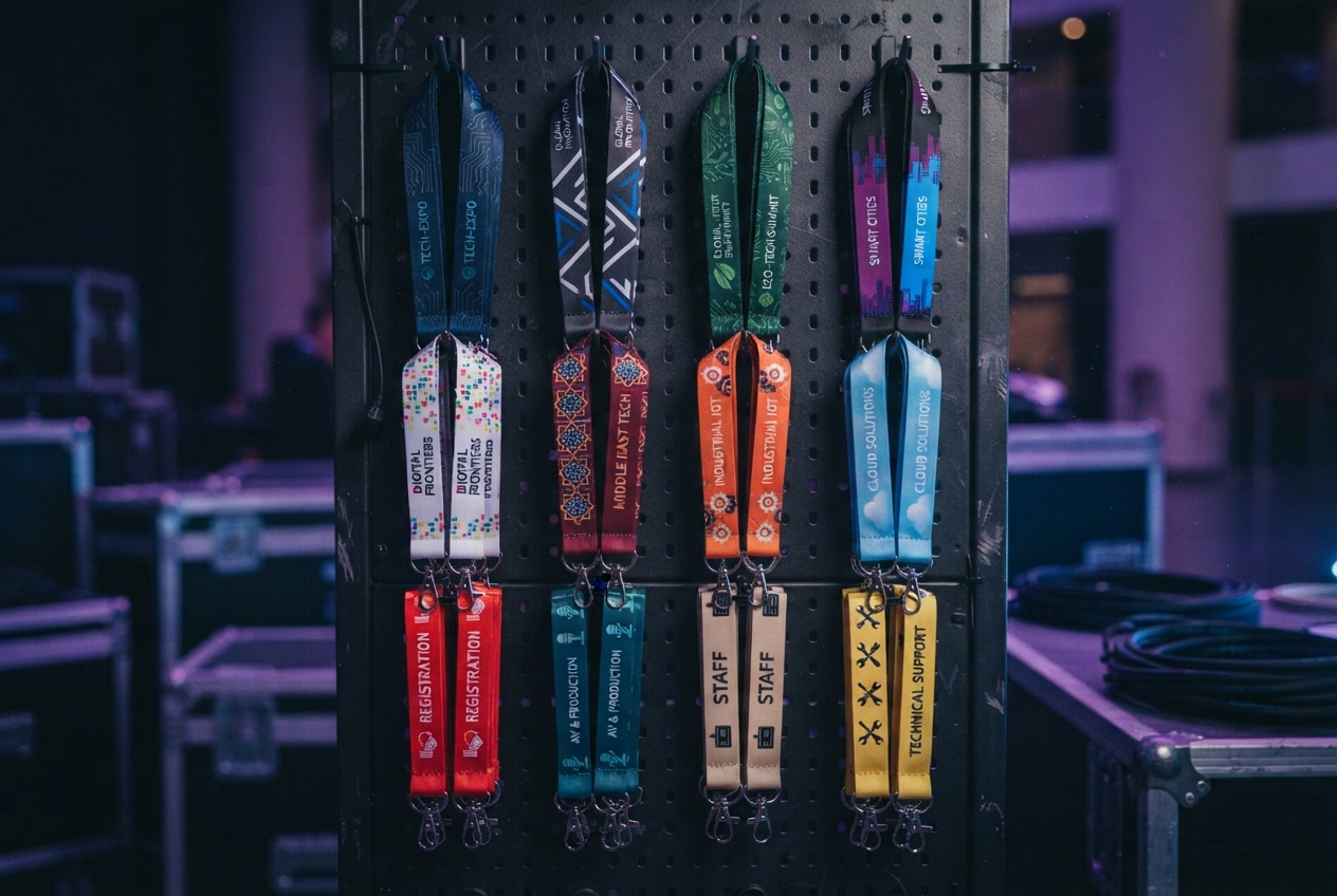 Assortment of custom branded event lanyards on a display rack