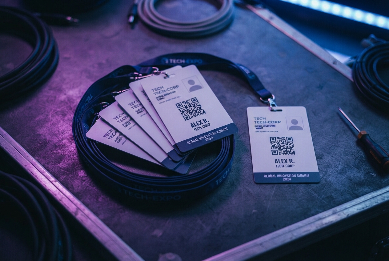Stack of freshly printed event badges with QR codes