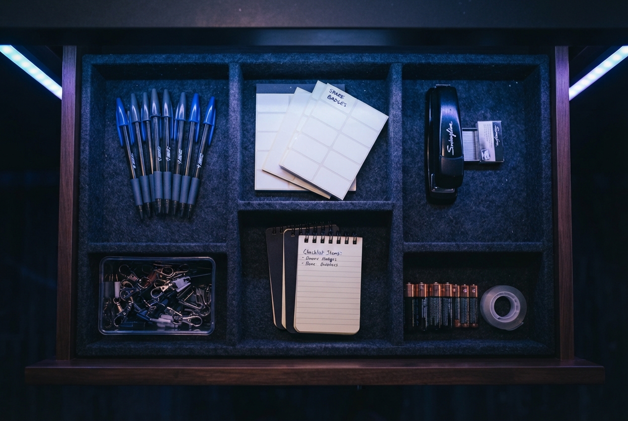 Organized registration desk drawer with operational stationery supplies