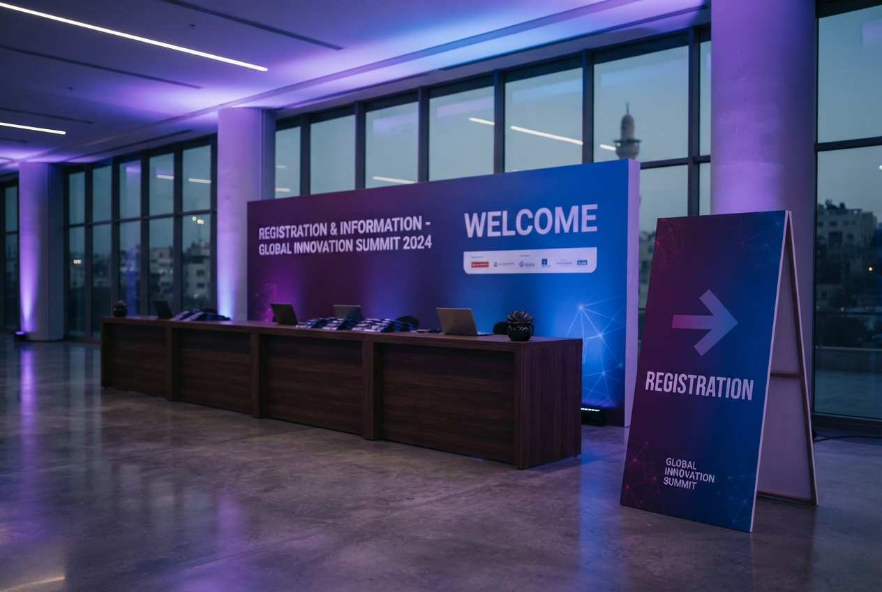 Coordinated registration desk backdrop and directional signage