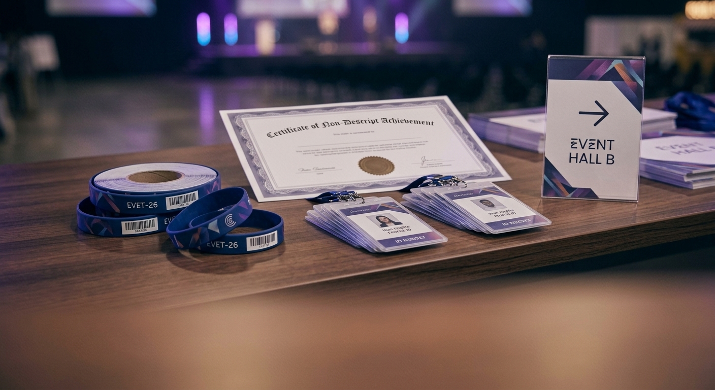 Printed event badges, lanyards, and certificates laid out together