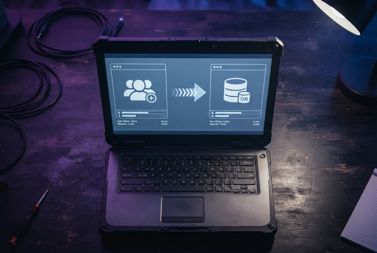 Laptop screen showing contact data syncing to a CRM database