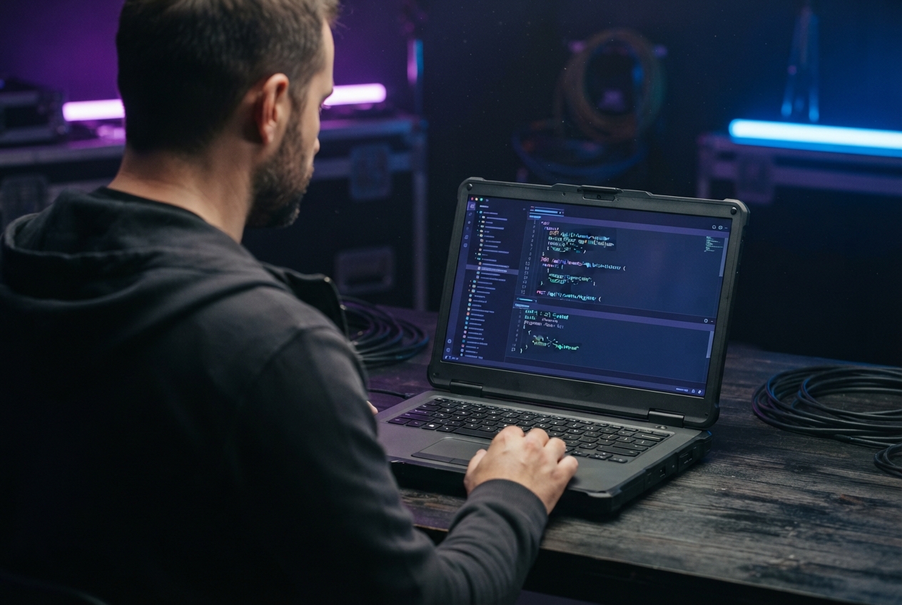 Developer viewing custom API code in an editor on a laptop