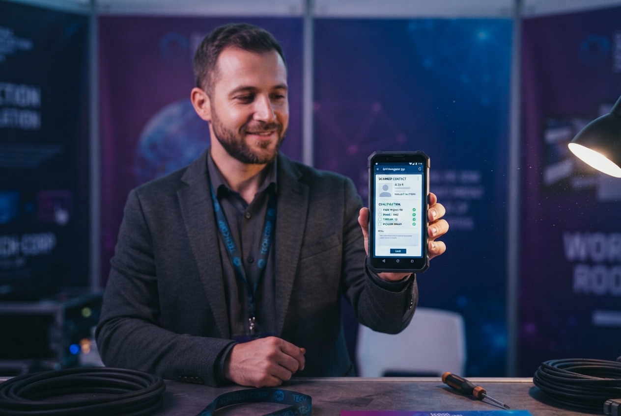 Exhibitor holding a phone showing a scanned lead qualification screen