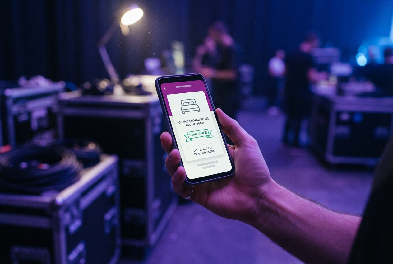 Phone showing a confirmed hotel room booking within an event app