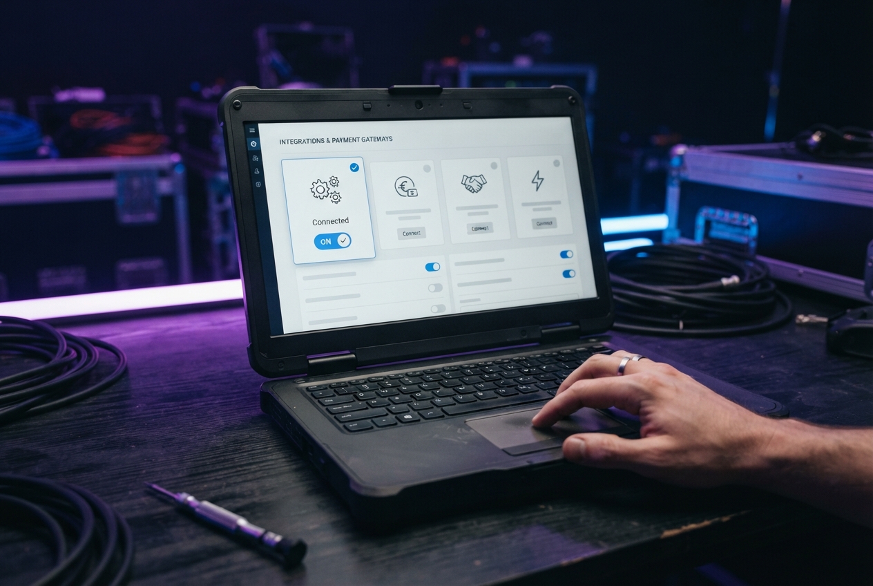 Laptop screen showing payment gateway integration cards with a connected status
