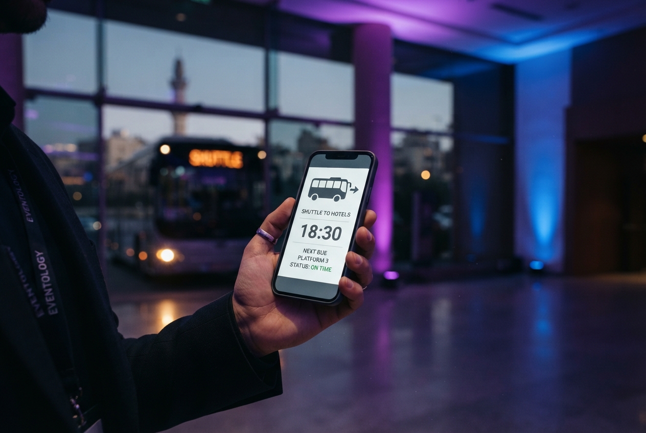 Phone showing a shuttle transportation schedule near a venue entrance